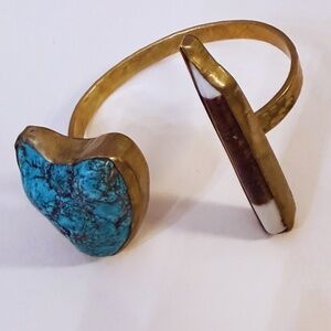 Turquoise Brass Cuff Artisan Mid Century Modern MCM Bone Horn Heart Cabochon